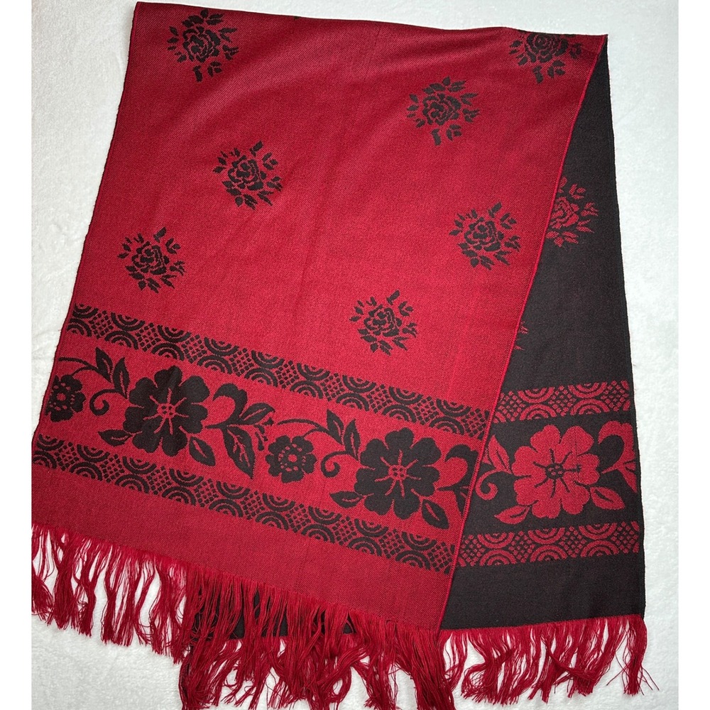 Red Black Floral Rose Fringe Scarf Shawl Wrap Womens‎